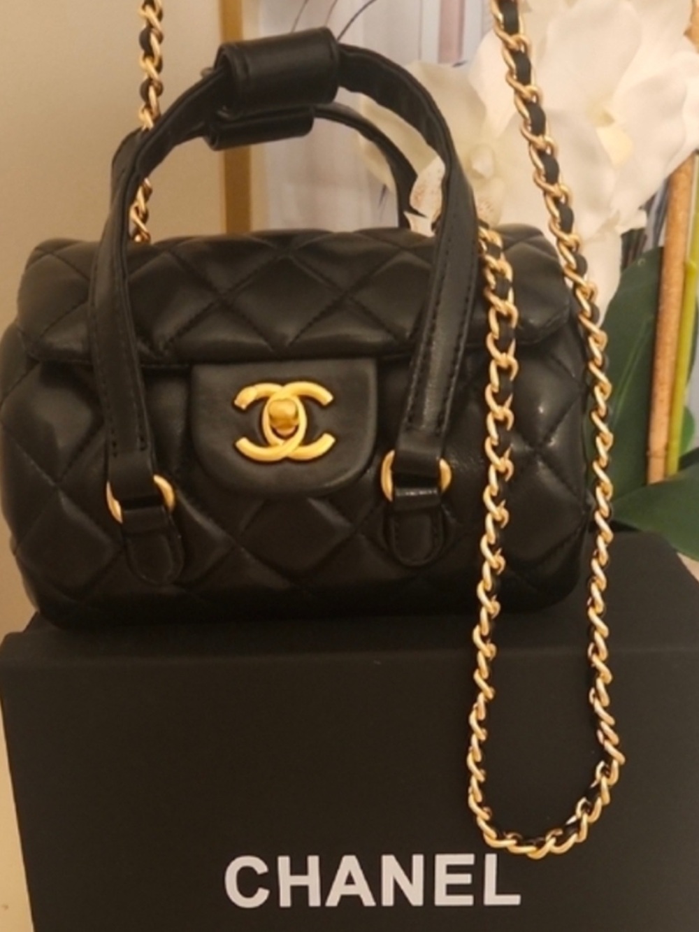 Black Quilted VIP Mini Barrel Bag with Gold Details. Gorgeous! New In Box!